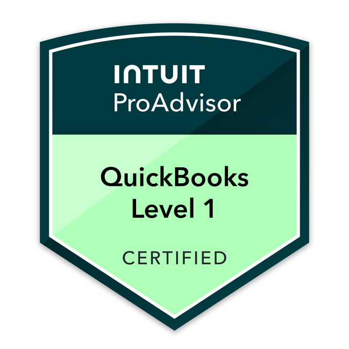 Intuit QuickBooks Certification Level 1 badge, verified on Credly